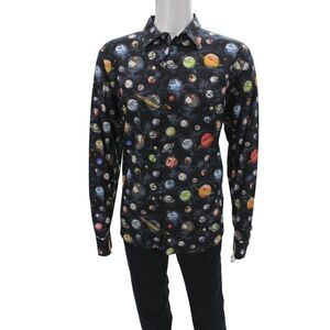Louis Vuitton Mens Button Front Collared Logo Planets Shirt Navy Multi Size 2XL